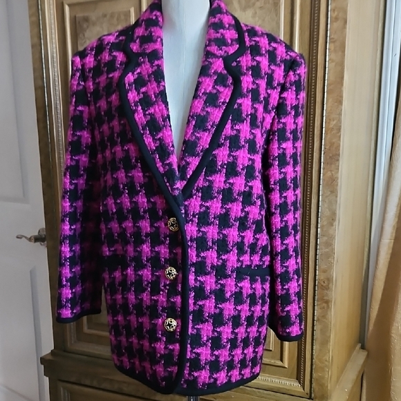 Jiyoung Jackets & Blazers - Women's Houndstooth Blazer Jacket in Hot Pink and Black With Black Trim